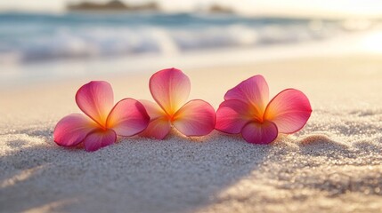 Wall Mural - Three Pink Plumeria Flowers Resting on a Sandy Beach