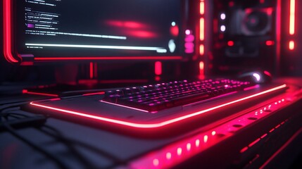 Red-lit computer setup with monitor, keyboard, mouse, and coding on screen.