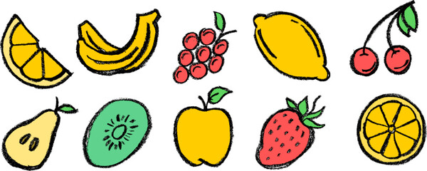 Wall Mural - fruit colorful drawing icons crayon chalk vector set