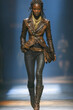© Zireael - Fashionable leather jacket and boots outfit on runway model in spotlight. Trendy color concept, mocha mousse 2025
