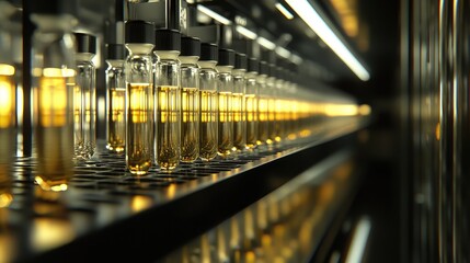 Wall Mural - This image features rows of test tubes in a well-organized lab setting, emphasizing the focus on scientific research and discovery in medicine.