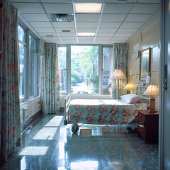 Wall Mural - Hospital Room with Natural Light: A serene hospital room bathed in soft, natural light, featuring a bed with floral bedding, bedside tables with lamps, and curtains with a delicate floral pattern.