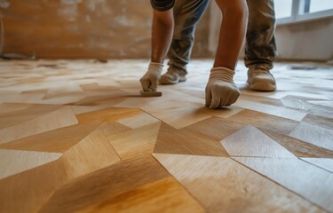 Laminate flooring is installed in the residence by workmen. Renovation of a flat