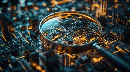 Fototapete - This visual shows a magnifying glass focusing on various components of a network, emphasizing the investigative process of identifying problems in connectivity. The setti