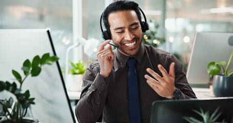 Aufkleber - Asian man, call center or smile in office for contact us at law firm with headphones, mic or justice advice. Legal consultant, explain or customer support with dispute resolution service at help desk