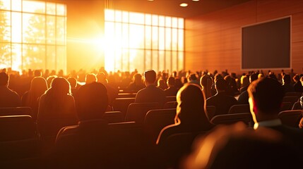 Poster - The image depicts a seminar room where attendees actively participate in lectures, creating a vibrant and interactive atmosphere for learning, highlighted by warm lightin