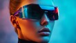 © Andrii Savchuk - Portrait of a stylish woman wearing futuristic blue sunglasses under neon lighting