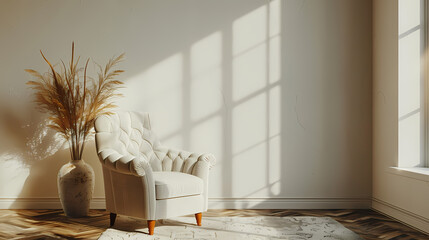 Wall Mural - Serene Sunlight: A tranquil interior scene featuring a plush armchair bathed in warm sunlight, accompanied by a tall vase of dried pampas grass. The scene evokes feelings of comfort and relaxation.