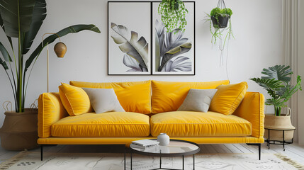 Wall Mural - Mustard Velvet Sofa in Modern Living Room: A stylish mustard yellow velvet sofa takes center stage in a bright and airy living room, complemented by botanical prints, lush greenery.