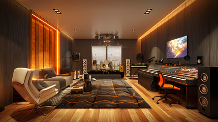 Poster - Luxury Home Music Studio: A modern, sophisticated home music studio design, featuring high-end audio equipment, comfortable seating, and warm, ambient lighting.