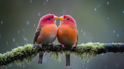 Two Crimson Finch Birds Perched On Mossy Branch In Rain