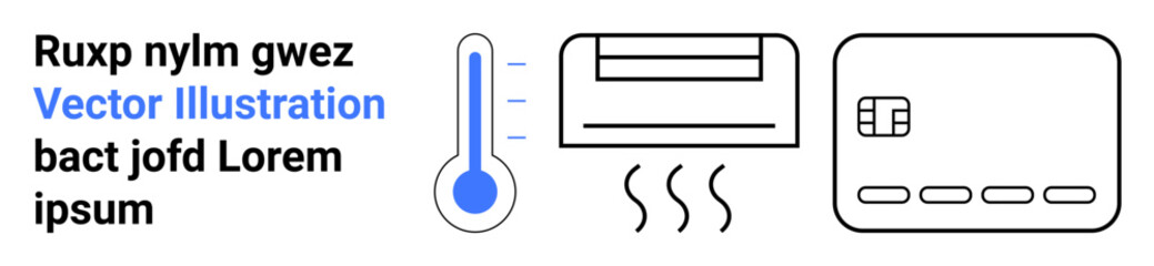 Text in various font sizes and colors, vertical thermometer, air conditioner with heat lines, card reader with button icons. Ideal for technology, home automation, climate control, finance, digital