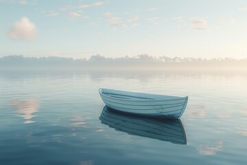 Wall Mural - A small, light blue boat drifts peacefully on still water under a soft morning sky, creating a tranquil atmosphere as the sun rises.