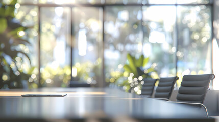 Poster - Modern Meeting Room with Natural Light: A spacious, contemporary meeting room bathed in natural light streaming through large windows overlooking lush greenery.