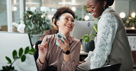 Poster - Business, people and laughing with phone at desk for funny website review, social media post or corporate meme. Designer, employees and show smartphone in office for project research or online news