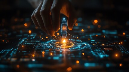 Hand touching a rocket icon with digital connection