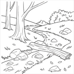 hand drawn sketch of log on river landscape sketch coloring page for kids and adults