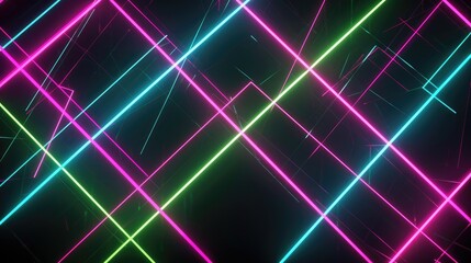 A futuristic neon lights grid with intersecting neon lines in vibrant colors like neon pink, cyan, and lime green against a black background