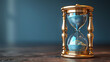 © brave-4K - Time Flies By: A golden hourglass, a timeless symbol of time and its fleeting nature, rests on a rustic table, its blue sand slowly slipping through, evoking thoughts of mortality, urgency.