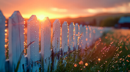 Wall Mural - white fence with a sun in the background.