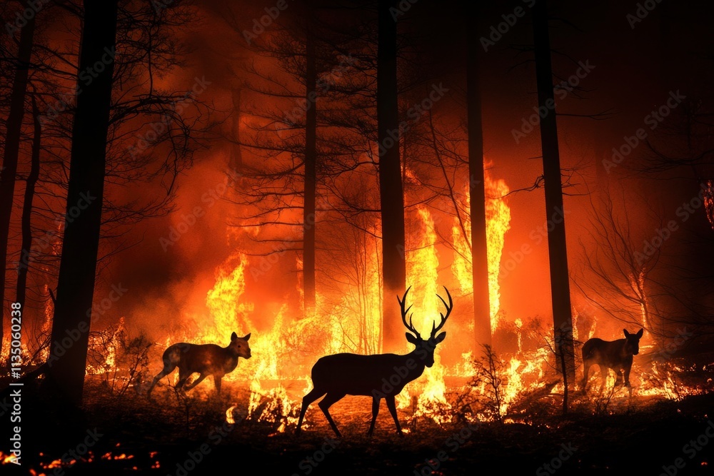 Animal silhuettes, terrible fire in the forest at night, megafire ...