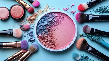 Colorful makeup powder palette with various brushes on a blue background.