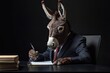 © Anatoll Paveel - donkey. in a business suit. at the work desk in the office. on an isolated black background.