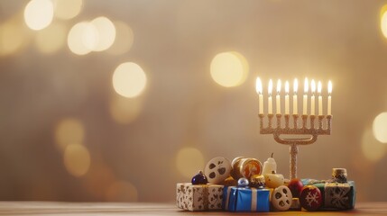 A cultural and festive scene for Hanukkah with menorah candles, dreidels, and festive decorations against a warm and celebratory background