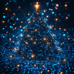 Wall Mural - A Christmas tree and light design with technical elements such as circuits.
