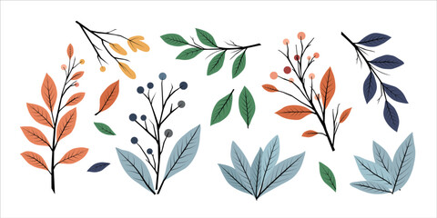 Hand drawn flowers branches in a set. Blooming twigs with small flowers, leaves isolated on white background. Vector illustration.