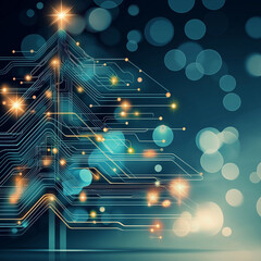 Wall Mural - a christmas tree and light design with technical elements such as circuits.
