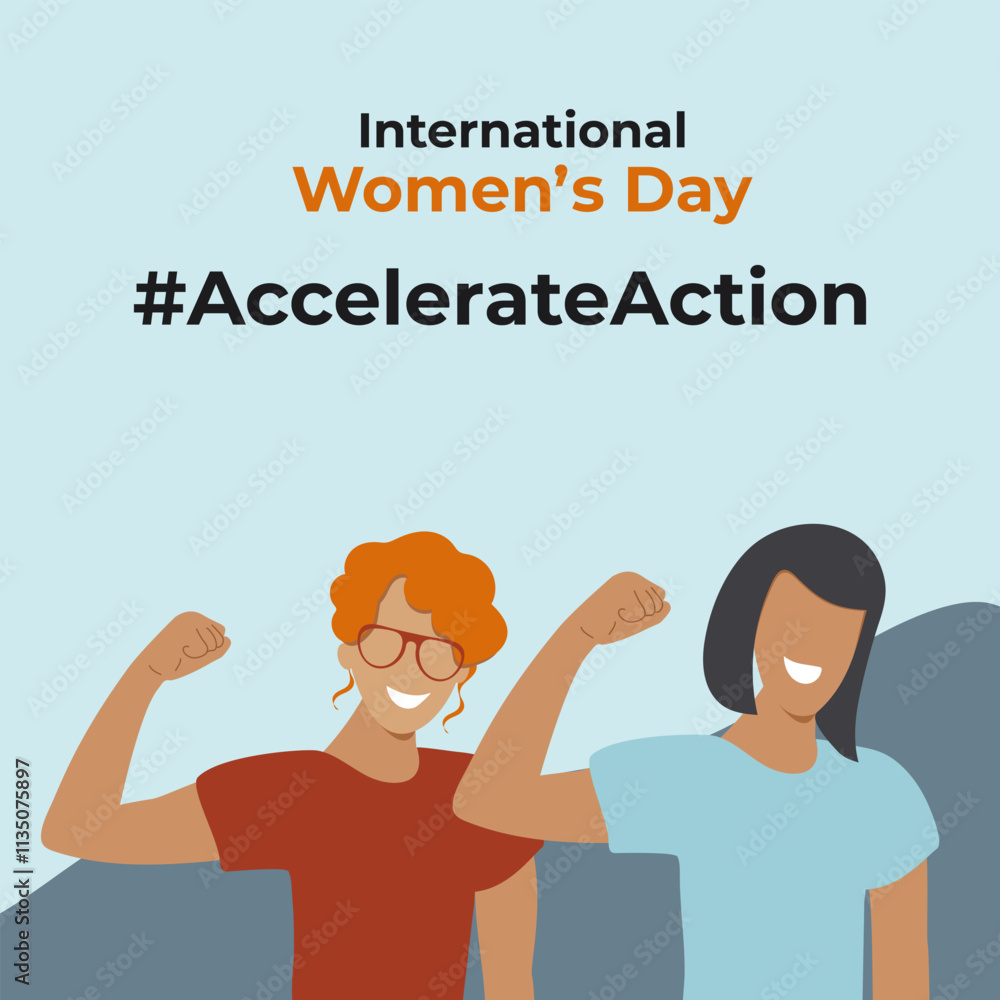 Banner Accelerateaction. International Women's Day 2025. Women in pose