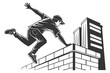 © BDB_Graphics - Parkour JumpingA figure mid-air, performing a vault or leap over a wall, emphasizing dynamic movement and urban agility vector silhouette on a white background
