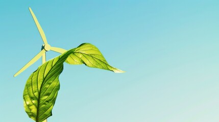 A stylized illustration of a green leaf transforming into a wind turbine blade, set against a clear blue sky, symbolizing the evolution of natural resources into sustainable energy sources