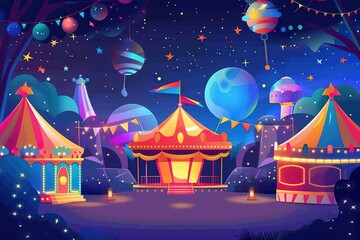 Wall Mural - colorful carnival scene with a large planet in the background