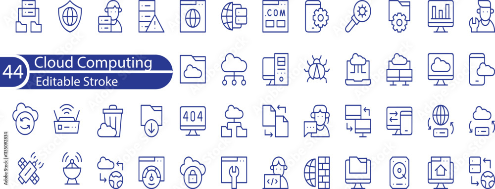 Cloud computing and storage editable stroke outline icons set isolated ...