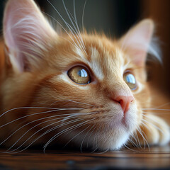 Wall Mural - Closeup portrait of cute ginger kitten with expressive eyes and detailed whiskers