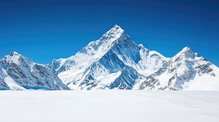 A stunning snow-capped mountain range under a clear blue sky, showcasing the beauty of nature and rugged terrain.