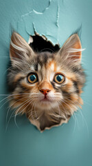 Wall Mural - Adorable kitten with fluffy fur and blue eyes peeking through a hole in the wall with curious whiskers