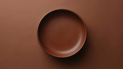 Brown bowl sits on a brown background. The bowl is empty and the background is a dark brown color