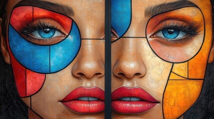 Poster - A vibrant, abstract portrait split into geometric sections showcasing a woman's face.