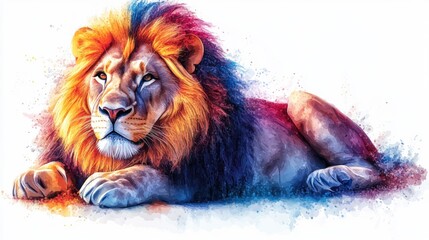 Poster - A vibrant, artistic depiction of a lion resting, showcasing colorful fur and expressive features.