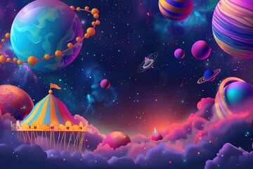 Wall Mural - colorful space scene with a circus tent in the middle