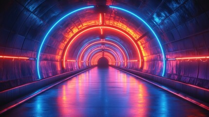 Aufkleber - A vibrant, illuminated tunnel with neon lights reflecting on a glossy surface.