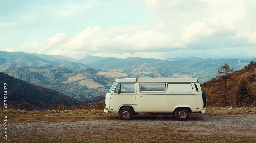 A vintage camper van parked on a scenic overlook with mountains in the background.