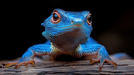 Poster - A vivid close-up of a blue lizard resting on a log, showcasing its intricate textures and colors.