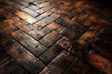 Wall Mural - Rustic Wooden Floor with Intricate Herringbone Pattern