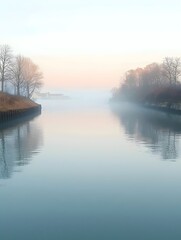 Wall Mural - A tranquil, foggy river scene at dawn, with soft pastel colors reflecting on the calm water, surrounded by bare trees and hints of distant structures.