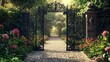 © azi - Ornate iron gate opening to a sunlit garden path.