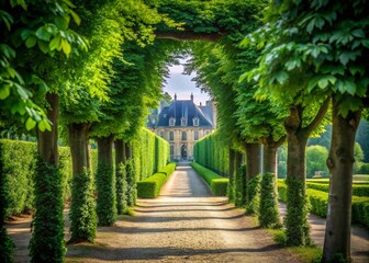  Serene Green Alley with Lush Foliage Leading to an Elegant Chateau Amidst a Tranquil Garden Pathway Perfect for Minimalist Photography